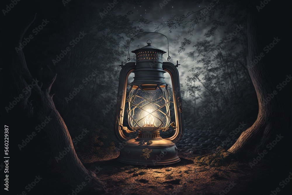  a lantern lit up in the dark with a tree in the background at night time with a full moon in the sky above it and a dark forest with a few branches and a few leaves.