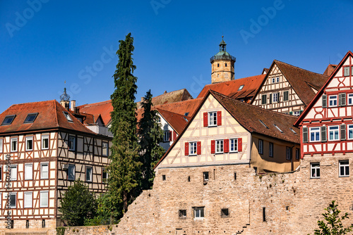 View of the half-timbered houses in the old town of Schwäbisch Hall in Baden-Württemberg, Germany