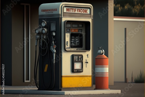  a cartoon of a gas pump and a fire hydrant in front of a building with a sign that says nite fock on it's front of it and a yellow and a red fire hydrant.