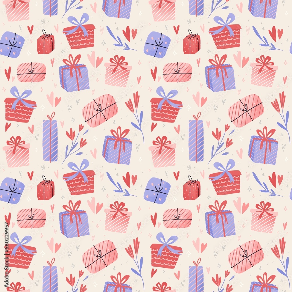 Cute Gift box seamless pattern. Pink and Red romantic Hand drawn holiday presents for greeting cards, wedding invitations, party, birthday cards Cute Gift box seamless pattern. Pink and Red romantic Hand drawn holiday presents for greeting cards, wedding invitations, party, birthday cards