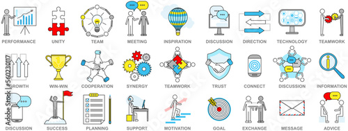 Business icons set. Linear vector signs for web design, management, finance, strategy, marketing. Graphic interface symbol unity, planning, synergy, message, trust technology information connect