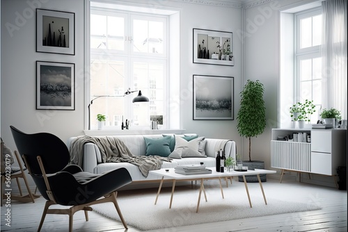 a living room with a couch, chair, coffee table and pictures on the wall above it and a coffee table with a vase on it in front of a white floor with a white. © Anna