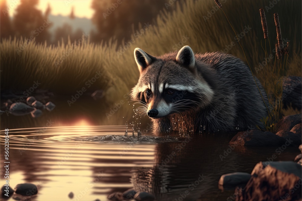 Φωτογραφία a raccoon is standing in the water near rocks and grass, and a pond is in the foreground with a few rocks and grass in the background, and a few bushes