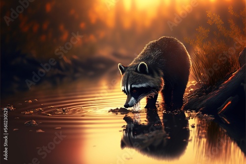 Tablou canvas a raccoon is drinking water from a pond at sunset or dawn, with a reflection of its face in the water and a tree in the background, with a yellow light,
