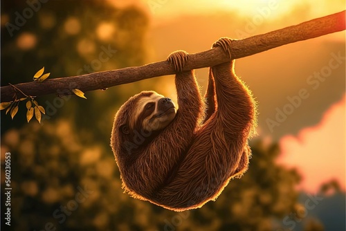  a sloth hanging from a tree branch with its head on a branch and eyes closed, with the sun in the background and trees in the foreground, and a yellow sky with., ai, Generative