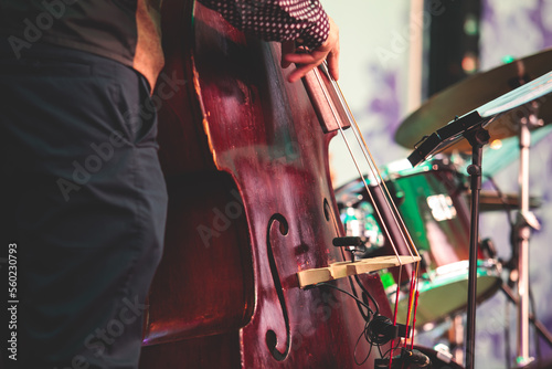 Concert view of contrabass violoncello player with musical band during jazz orchestra band performing music, violoncellist contrabassist cello jazz player on stage