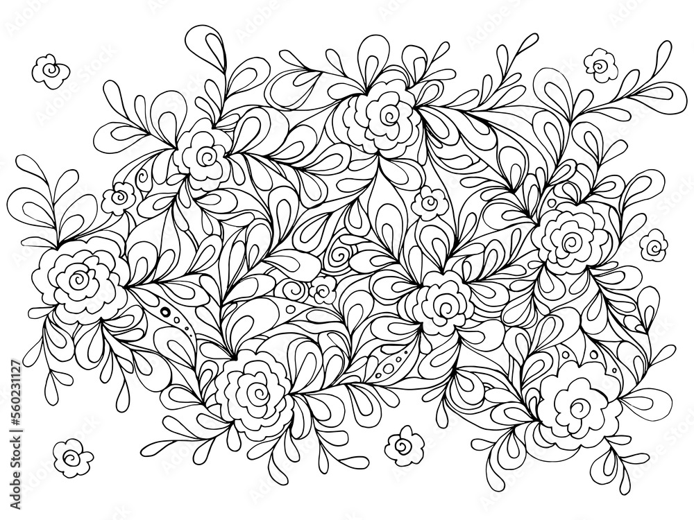 Fototapeta premium Antistress. Coloring. Floral black and white drawing. ink. Floral abstraction. Coloring book.