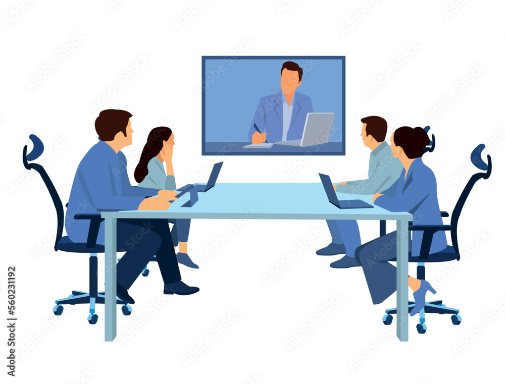 Diverse company employees having online business conference video call on tv screen monitor in board meeting room. Videoconference presentation, global virtual group corporate training concept. Diverse company employees having online business conference video call on tv screen monitor in board meeting room. Videoconference presentation, global virtual group corporate training concept.