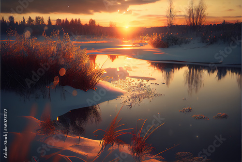 Golden Winter Sunset: Serene riverside scene with snow-laden grasses, shimmering reflections & fiery horizon. Perfect for peaceful, nature, and seasonal visuals.  generative ai photo