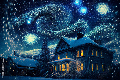 Illustration oil paint house and snow on starry sky winter (Created with Generative AI technology).