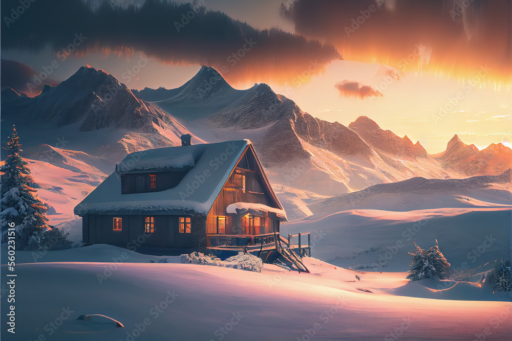 Winter Wonderland: Cozy cabin nestled among snow-covered pines, with majestic mountains backdrop & radiant sunset hues. Ideal for holiday, travel & serene nature themes. generative ai