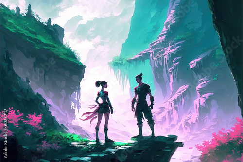 two person standing on a hill in a fantasy world made in green and pink, generative ai technology 