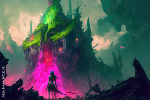 a brave warrior girl standing in front of a big mountain with pink lava, green hill, generative ai technology 