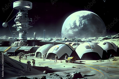 A futuristic, high-tech facility, including lunar rovers, satellite dishes, and habitats for the crew, with people and robots working together to maintain and operate the busy moon base