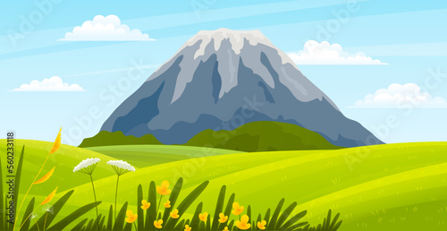 Mountains landscape, abstract lilac sunset panoramic view. Mountainside volcanic background. View of mountain with dormant volcano and cloudy sky. Beautiful scenery of nature vector illustration