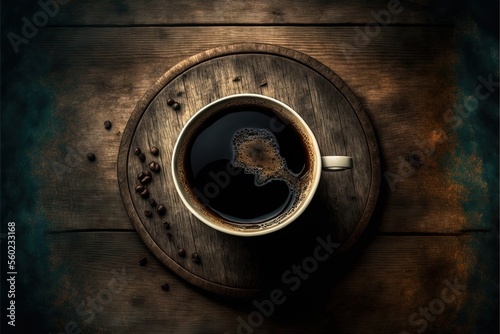  a cup of coffee on a wooden table with a spoon in it and a leaf in the middle of the cup, with a spoon in the middle of the cup, on a wooden table.