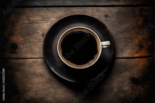  a cup of coffee on a saucer on a wooden table top with a spoon and spoon rest on the saucer and the cup is black and has a brown color of the coffee.