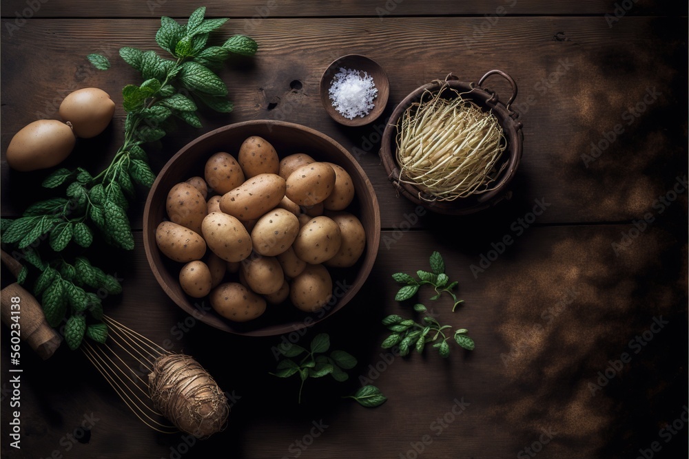  a bowl of potatoes, parsley, garlic, and other ingredients on a table top with a whisk and a whisk of salt on the side of the bowl,.