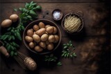  a bowl of potatoes, parsley, garlic, and other ingredients on a table top with a whisk and a whisk of salt on the side of the bowl,.
