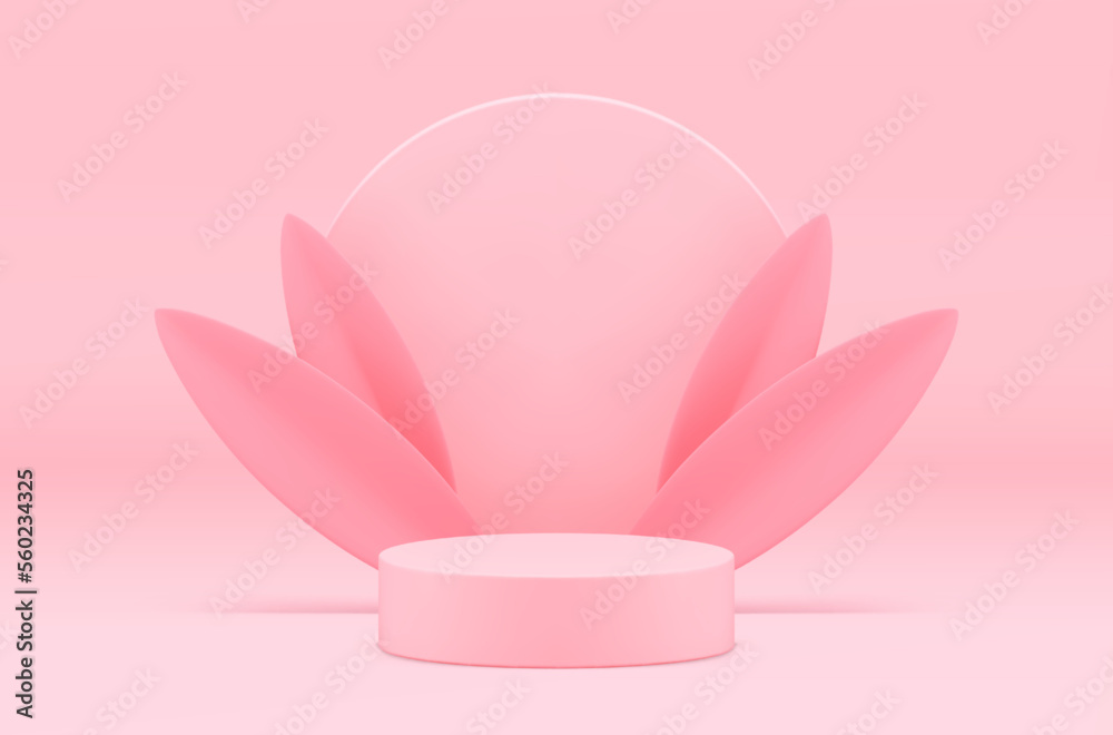 Podium pink cylinder stage decorative leaves foliage for product presentation 3d realistic vector