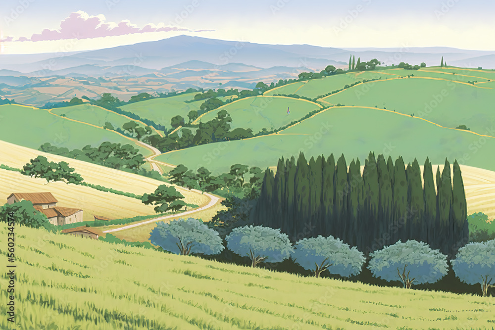 a beautiful landscape illustration with a lot of trees and a big field, charming scene, anime manga style, generative ai technology
