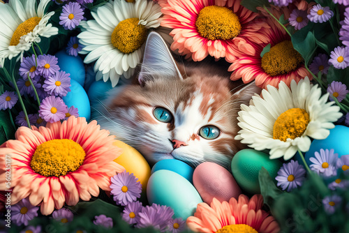 Abstract easter picture of eggs, flowers, and a cat surrounded by holiday items. Holiday and celebration concept. Generative AI.