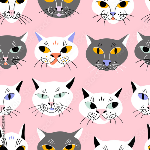 Fototapeta Naklejka Na Ścianę i Meble -  Funny cat faces with different emotions on a pink background. Vector seamless pattern with animal heads for fabric or wrapping paper.