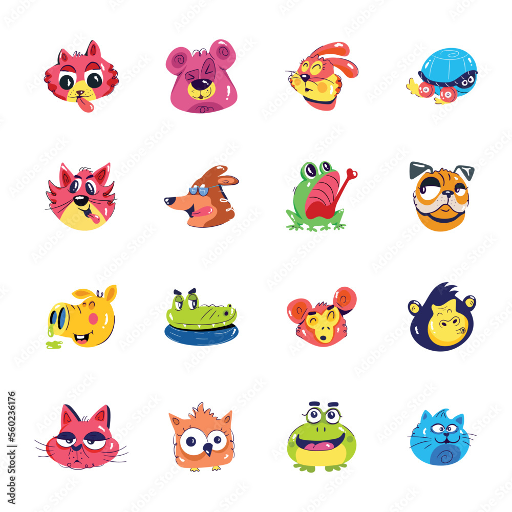 Collection of Cute Animals Flat Stickers 

