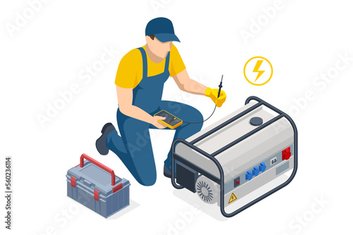 Isometric service engineer repairing or adjusting diesel power generator. Portable electric power-generator, industrial diesel generator. Standby-generator.