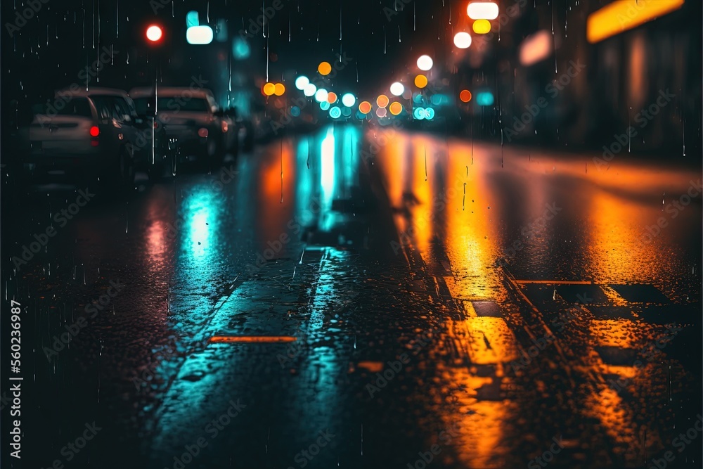 a wet street with cars parked on the side of it at night time with ...
