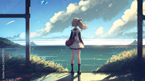 alone anime girl watching the clouds