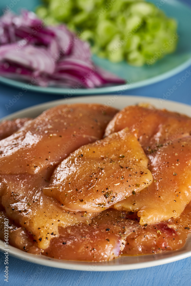 Seasoned chicken breast fillets on a plate Seasoned chicken breast fillets on a plate