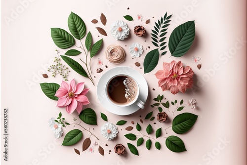  a cup of coffee surrounded by flowers and leaves on a pink background with a pink background and a pink background with a pink and white background