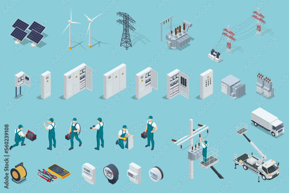 Isometric electricity icons set with solar panels, power stations, high voltage wires, electric switchboards, transformers, distribution boards, and professional workers in uniform. - obrazy, fototapety, plakaty 