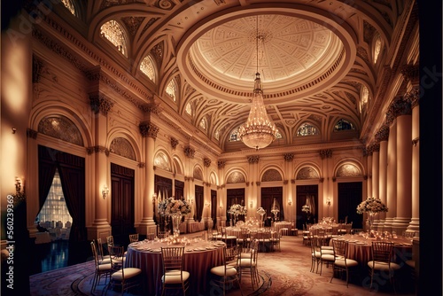  a fancy banquet hall with a chandelier and tables set for a formal function with white linens and gold tablecloths and chairs and chandeliers and chandeliers and a chandelier.