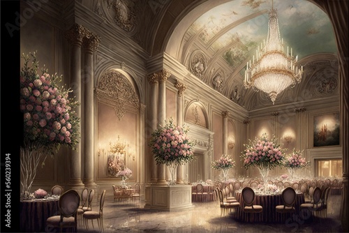 Fotografiet a painting of a fancy dining room with chandeliers and flowers on the tables and chandeliers hanging from the ceiling and chandeliers on walls and chandeliers hanging from the ceiling