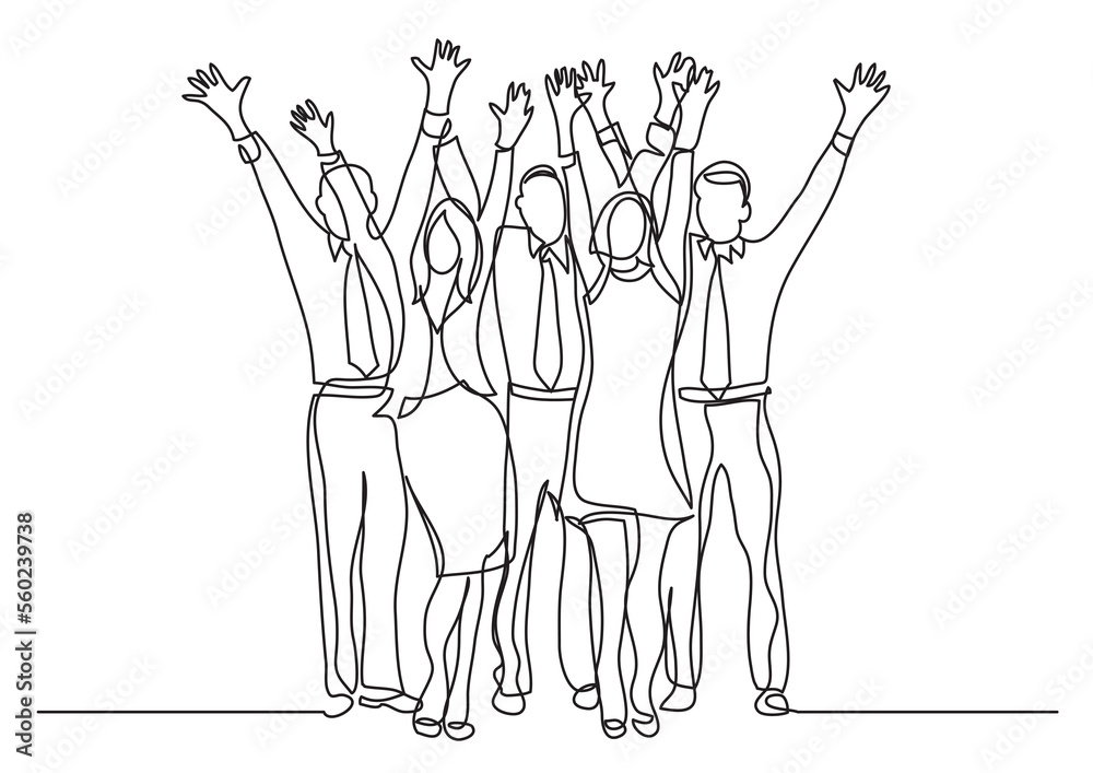 continuous line drawing standing office team cheering waving hands - PNG image with transparent background