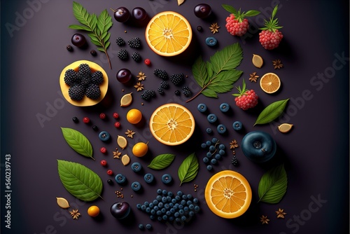  a variety of fruits and berries are arranged on a purple surface with leaves and berries on it  including oranges  blueberries  raspberries  and blackberries  and more.