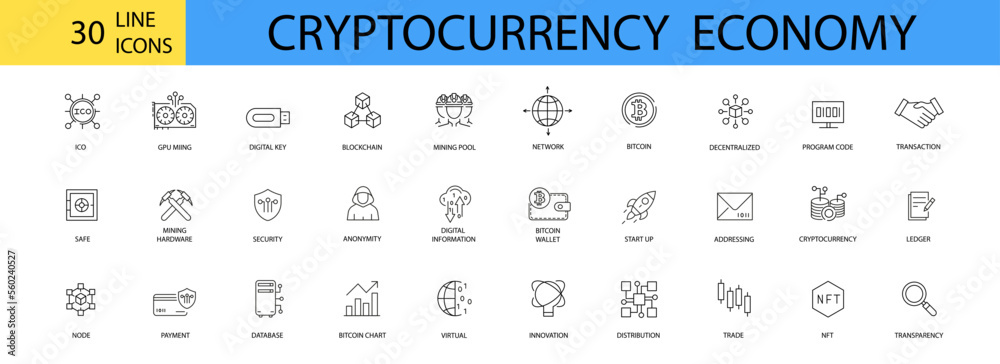 Cryptocurrency economy web icons collection. Blockchain package. Bitcoin, NFT, Vector illustration - obrazy, fototapety, plakaty 