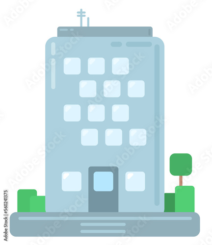 Big multi-storey building with green spaces, blue, grey, square. Simple style. Vector illustration