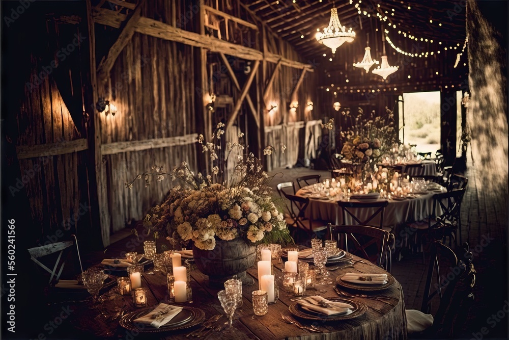  a table with candles and flowers in a barn setting with a chandelier and lights hanging from the ceiling and a wooden table with a vase with flowers on it and a wooden table.