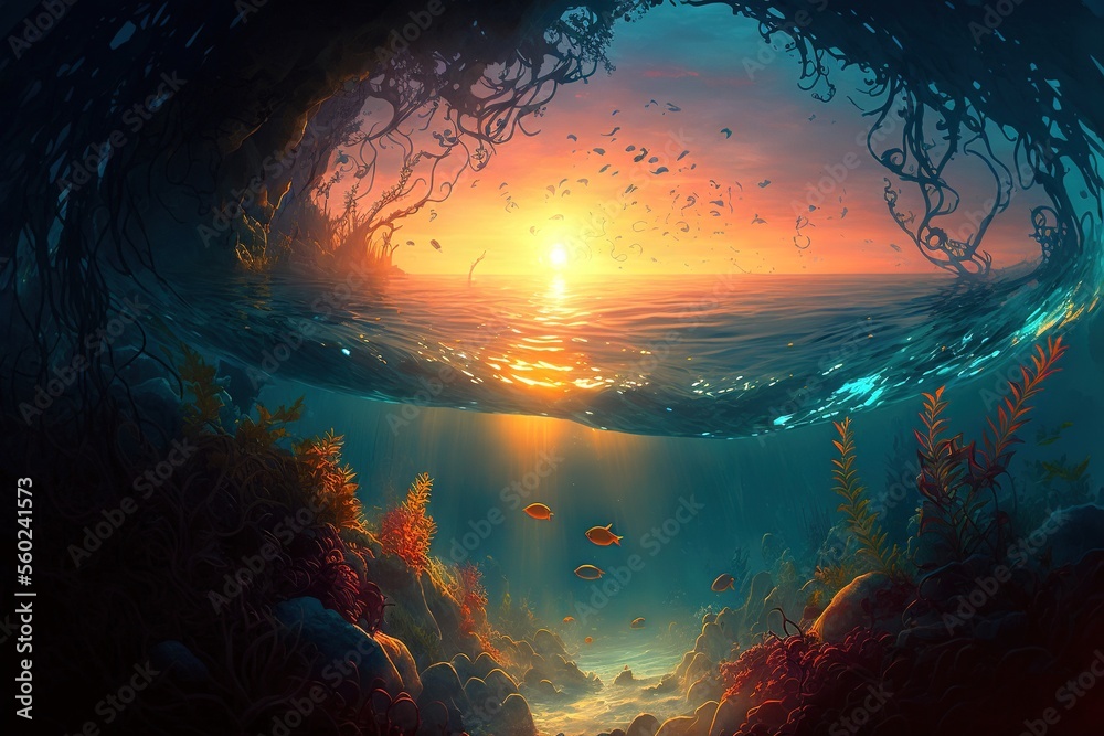 A serene and beautiful underwater landscape, vibrant colors and diverse sea life of a coral reef, generative ai - obrazy, fototapety, plakaty 