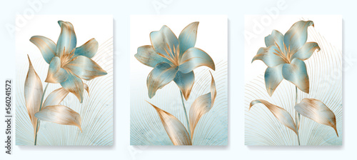 Abstract art background with blue lily flowers with golden line elements with watercolor texture. Botanical flower poster set for decor, print, textile, interior design, wallpaper