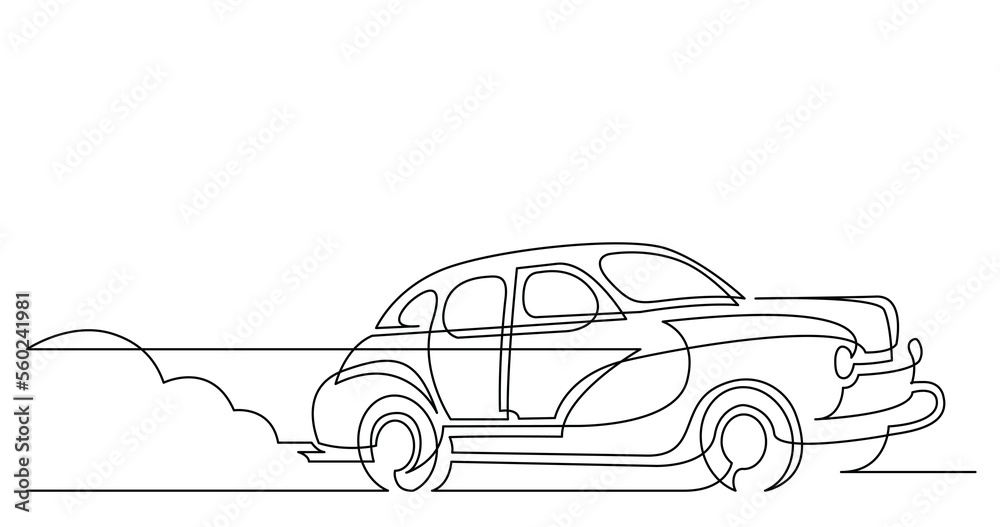 continuous line drawing of vintage racing car driving on dusty road - PNG image with transparent background