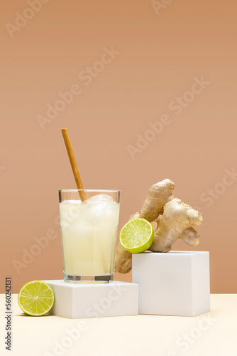 Refreshing ginger drink with lime. Lime and ginger organic probiotic drink. Creative minimal concept. 