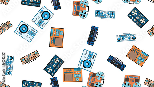 Seamless pattern endless with music audio cassette old retro tape recorders vintage hipster from 70s, 80s, 90s isolated on white background. Vector illustration