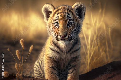 Adorable baby tiger cub on an savannah. Digital art  