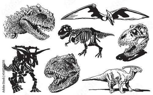 Graphical set of dinosaurs isolated on white background, vector illustration.