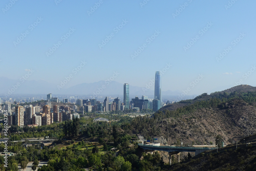 Business district of Santiago de Chile, with tall, modern skyscrapers. Las Condes district