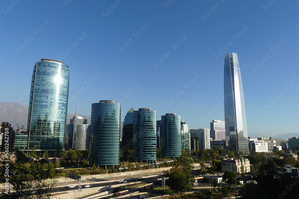 Fototapeta premium Business district of Santiago de Chile, with tall, modern skyscrapers. Las Condes district
